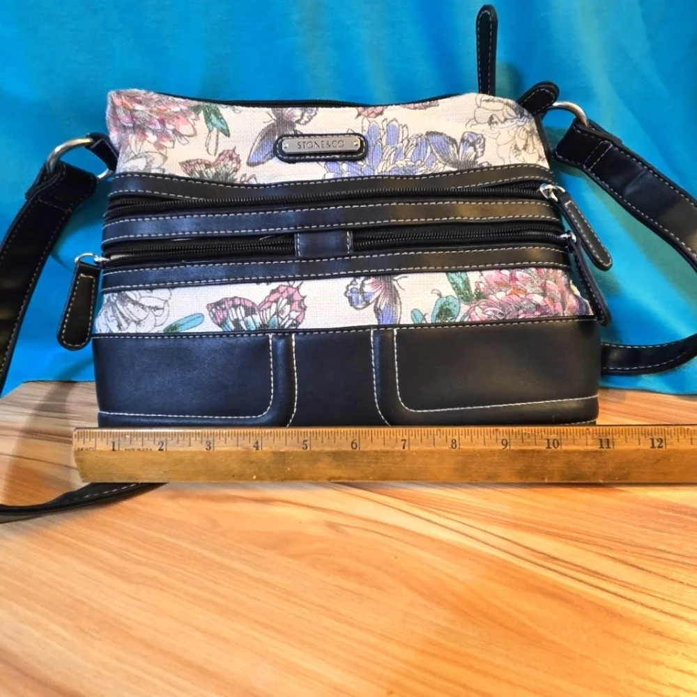 Stone & Co. Shoulder Bag Colorful Butterflies Black Trim Zipper Pockets Purse
